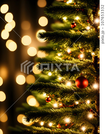 Cozy tree closeup raining magical Christmas. Cozy tree closeup raining magical Christmas. 107653332
