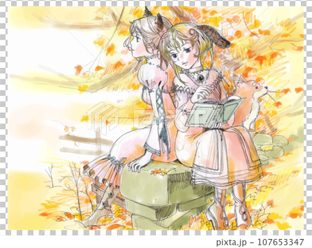 落ち葉とコーギー 107653347