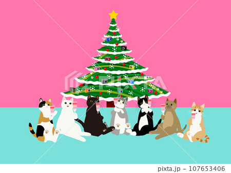クリスマスツリーを囲む7匹の猫 107653406