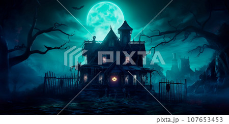 Bioluminescent Haunted House a spooky haunted house with bioluminescent ghosts, 107653453