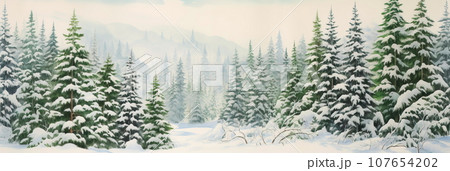 dense evergreen forest blanketed in fresh snow, with varying shades of green, gray, and white. 107654202