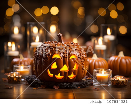 Sinister pumpkin as Halloween symbols tabletop home holiday decor. AI Sinister pumpkin as Halloween symbols tabletop home holiday decor. AI 107654321