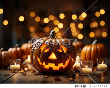 Sinister pumpkin as Halloween symbols tabletop home holiday decor. AI Sinister pumpkin as Halloween symbols tabletop home holiday decor. AI 107654343