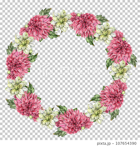 Flowers wreath with dahlia, watercolor illustration for cards, backgrounds. Watercolor illustration for scrapbooking. Hand drawn background with flower for your design. Perfect for wedding invitation. Flowers wreath with dahlia, watercolor illustration for cards, backgrounds. Watercolor illustration for scrapbooking. Hand drawn background with flower for your design. Perfect for wedding invitation. 107654390