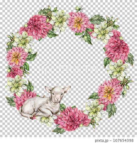 Flowers wreath with dahlia, watercolor illustration for cards, backgrounds. Watercolor illustration for scrapbooking. Hand drawn background with flower for your design. Perfect for wedding invitation. Flowers wreath with dahlia, watercolor illustration for cards, backgrounds. Watercolor illustration for scrapbooking. Hand drawn background with flower for your design. Perfect for wedding invitation. 107654398