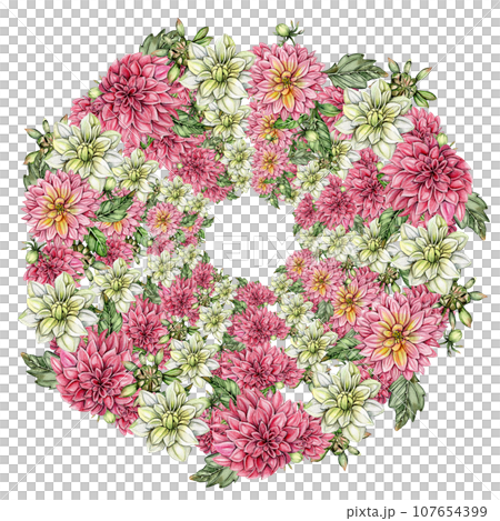 Flowers wreath with dahlia, watercolor illustration for cards, backgrounds. Watercolor illustration for scrapbooking. Hand drawn background with flower for your design. Perfect for wedding invitation. Flowers wreath with dahlia, watercolor illustration for cards, backgrounds. Watercolor illustration for scrapbooking. Hand drawn background with flower for your design. Perfect for wedding invitation. 107654399