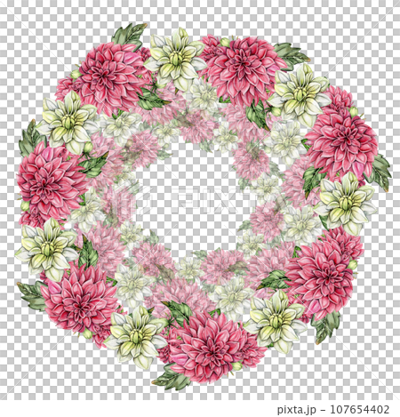 Flowers wreath with dahlia, watercolor illustration for cards, backgrounds. Watercolor illustration for scrapbooking. Hand drawn background with flower for your design. Perfect for wedding invitation. 107654402