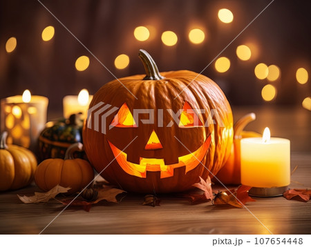 Sinister pumpkin as Halloween symbols tabletop home holiday decor. AI 107654448