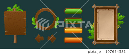 Wooden and old paper boards with jungle leaves Wooden and old paper boards with jungle leaves 107654581