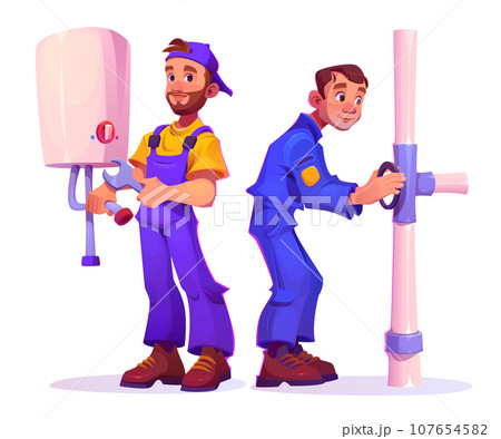 Professional plumbers in uniform install boiler. 107654582