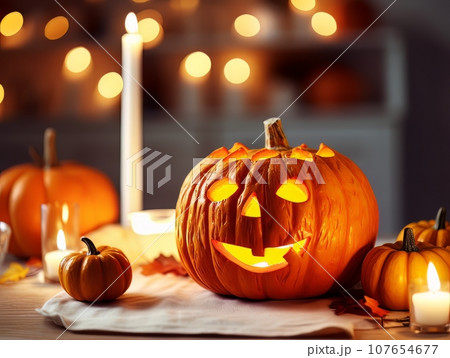 Sinister pumpkin as Halloween symbols tabletop home holiday decor. AI 107654677