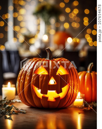 Sinister pumpkin as Halloween symbols tabletop home holiday decor. AI 107654678