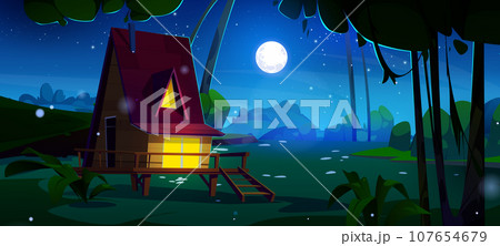 Night forest house cartoon vector landscape scene 107654679