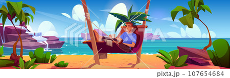 Man relax in hammock on beach vacation vector 107654684