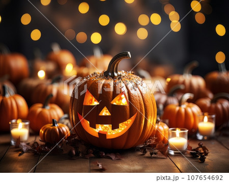 Sinister pumpkin as Halloween symbols tabletop home holiday decor. AI Sinister pumpkin as Halloween symbols tabletop home holiday decor. AI 107654692