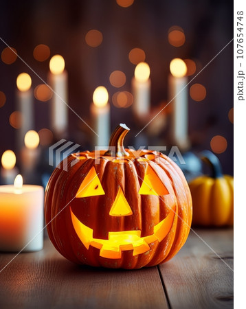 Sinister pumpkin as Halloween symbols tabletop home holiday decor. AI Sinister pumpkin as Halloween symbols tabletop home holiday decor. AI 107654748