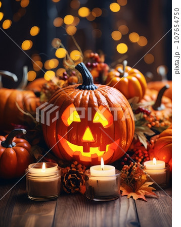 Sinister pumpkin as Halloween symbols tabletop home holiday decor. AI 107654750