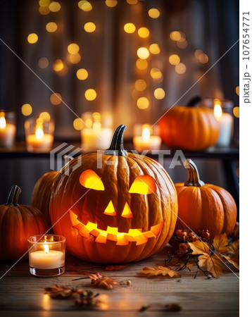Sinister pumpkin as Halloween symbols tabletop home holiday decor. AI Sinister pumpkin as Halloween symbols tabletop home holiday decor. AI 107654771