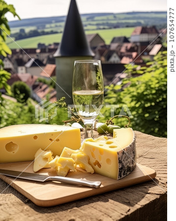 Cheese board and white wine against the backdrop of village. AI 107654777