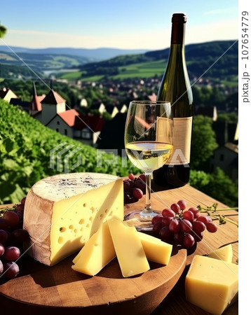 Cheese board and white wine against the backdrop of village. AI 107654779
