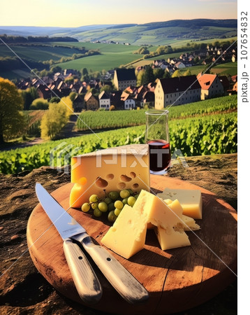 Cheese board and white wine against the backdrop of village. AI 107654832