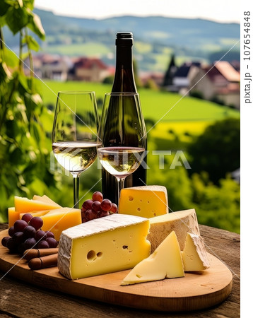Cheese board and white wine against the backdrop of village. AI 107654848