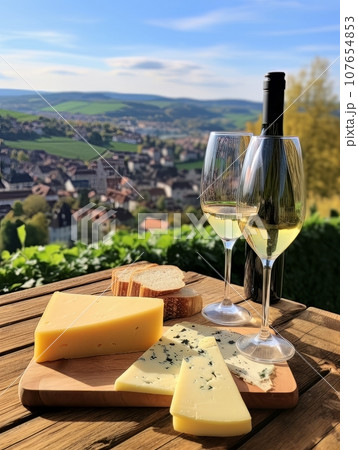 Cheese board and white wine against the backdrop of village. AI 107654853