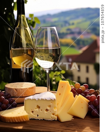 Cheese board and white wine against the backdrop of village. AI 107654859