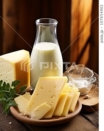 Table with board of different types of cheeses and milk on farmhouse table. AI Table with board of different types of cheeses and milk on farmhouse table. AI 107654902
