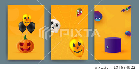 Halloween party invitations, greeting cards or posters. Set of cute pumpkins, ghosts and monsters. Design template for advertising, internet, social networks. Vector Halloween party invitations, greeting cards or posters. Set of cute pumpkins, ghosts and monsters. Design template for advertising, internet, social networks. Vector 107654922