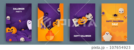 Halloween party invitations, greeting cards or posters. Set of cute pumpkins, bats and spiders. Paper cut style. Vector Halloween party invitations, greeting cards or posters. Set of cute pumpkins, bats and spiders. Paper cut style. Vector 107654923