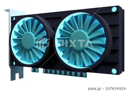 Dual fan graphics card. Computer component icon. 3D render video card. 3D rendering 107654924