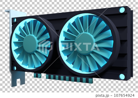 Dual fan graphics card. Computer component icon. 3D render video card. 3D rendering 107654924