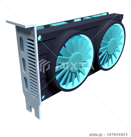 Dual fan graphics card. Computer component icon. 3D render video card. 3D rendering 107654925