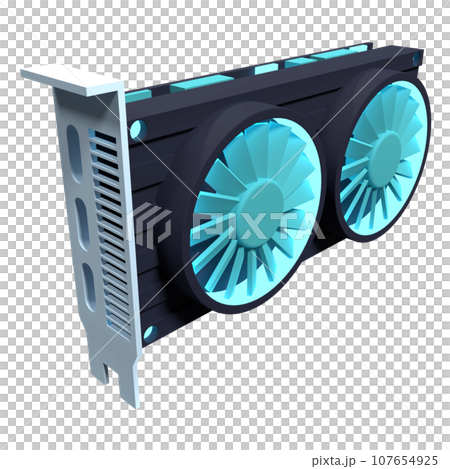 Dual fan graphics card. Computer component icon. 3D render video card. 3D rendering 107654925