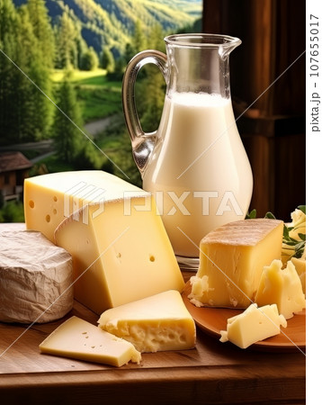 Table with board of different types of cheeses and milk on farmhouse table. AI Table with board of different types of cheeses and milk on farmhouse table. AI 107655017