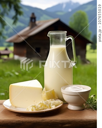 Table with board of different types of cheeses and milk on farmhouse table. AI Table with board of different types of cheeses and milk on farmhouse table. AI 107655019
