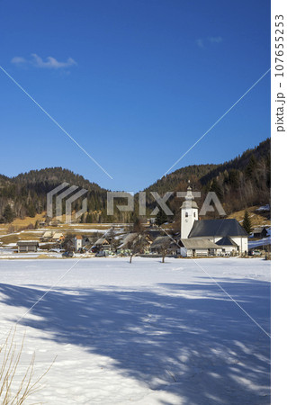 Landscape with church (Cerkev Rozenvenske Marije) near Bohinjska Bistrica, Slovenia Landscape with church (Cerkev Rozenvenske Marije) near Bohinjska Bistrica, Slovenia 107655253