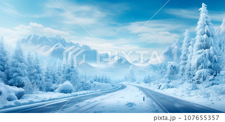 winter road colors, demonstrating the beauty of falling snow and the comfort of the winter holiday season. 107655357
