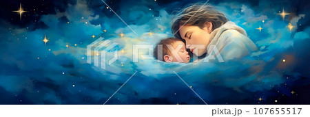 parent and child under a starry sky, where stars sing lullabies to soothe the world to sleep. 107655517