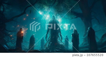 mystical beings in forest, communing with the stars through whispered secrets. 107655520