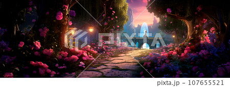 magical garden filled with oversized, vibrant flowers. warm glow that illuminates a charming pathway winding through the garden. magical garden filled with oversized, vibrant flowers. warm glow that illuminates a charming pathway winding through the garden. 107655521