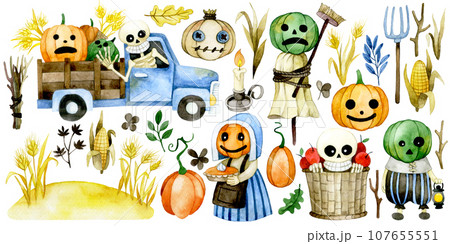 watercolor drawing. Big set of cute characters and elements for halloween watercolor drawing. Big set of cute characters and elements for halloween 107655551