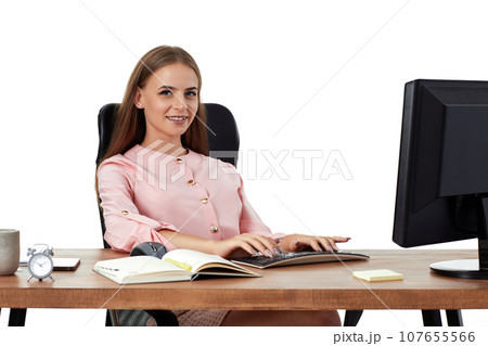 female manager using PC computer for online work at office 107655566
