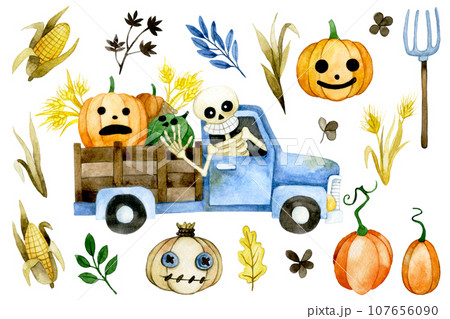 watercolor drawing. set of cute characters and elements for halloween. 107656090