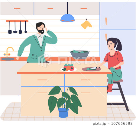 People cooking vegetarian food. Vector illustration. Smiling people cooking on home interior kitchen table. Characters cooking fresh salad and other healthy meals from fresh vegetables People cooking vegetarian food. Vector illustration. Smiling people cooking on home interior kitchen table. Characters cooking fresh salad and other healthy meals from fresh vegetables 107656398