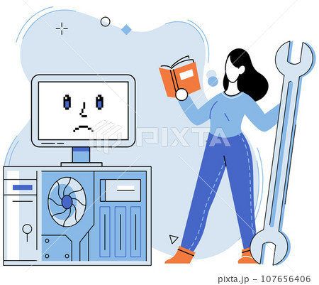 Computer repair services, website maintenance, diagnostics. Specialist fixing technical problems, sysadmin working, maintains smooth operation of site. Engineer, system administrator with tool 107656406