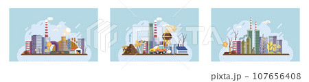 Industrial pollution. Dirty waste. Environmental pollution. Vector illustration. Smokes with smog are daily sight in many industrialized cities Trash emission strategies must include community 107656408