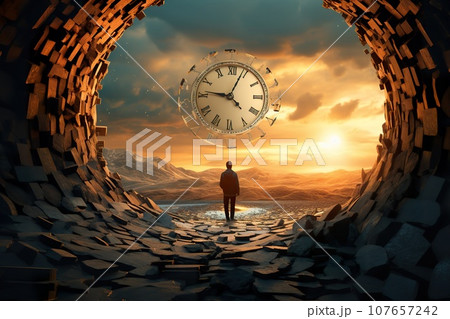 man standing in front of big clock, time spending and transience concept, generative AI 107657242