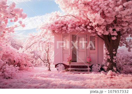 Sakura trees is blooming outside tiny pink eco friendly house on wheels 107657332